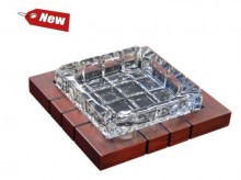 Cross-Hatched Crystal Ashtray on Wood Base